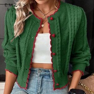 Green Cardigan Sweater with Red Trim